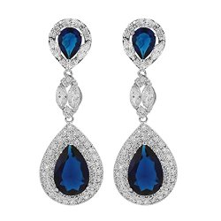 Pear Shape Blue Sapphire Color Cubic Zirconia CZ Dangle Chandelier Earrings 2″