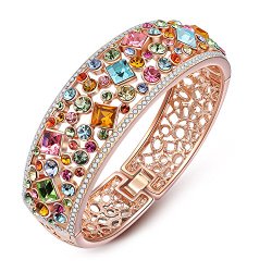Rainbow Multicolor Austrian Crystals Cuff Bracelet Rose Gold Plated Filigree Bangle Women Vintage Statement Jewelry