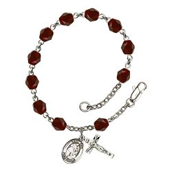 Silver Plate Rosary Bracelet 6mm January Red Fire Polished Beads, Crucifix Size 5/8 x 1/4, St. Ann medal charm