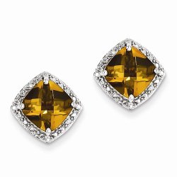 Solid 925 Sterling Silver Brown Simulated Whiskey Quartz and Diamond Earrings (.04 cttw.) (13mm x 13mm)