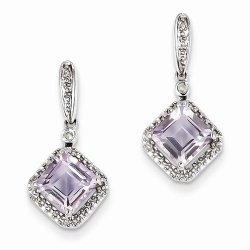 Solid 925 Sterling Silver Diamond & Pink October Simulated Birthstone Square Post Dangle Earrings (.01 cttw.) (22mm x 11mm)