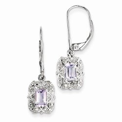Solid 925 Sterling Silver Diamond & Simulated Pink Quartz Earrings (.01 cttw.) (31mm x 10mm)