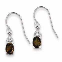 Solid 925 Sterling Silver Diamond & Simulated Smoky Quartz Oval Earrings (.02 cttw.) (21mm x 5mm)