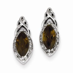 Solid 925 Sterling Silver Diamond & Simulated Smoky Quartz Post Studs Earrings (1/8 cttw) (14mm x 6mm)