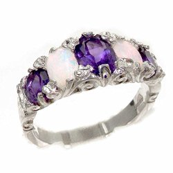 Solid 925 Sterling Silver Natural Amethyst & Opal Vintage style Band Ring- Sizes 4 to 12 Available