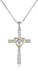 Sterling Silver and 14k Yellow Gold Diamond Cross My Heart Pendant Necklace, 18″
