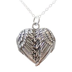 Sterling Silver Angel Wings Heart Locket Necklace, 18 Inch