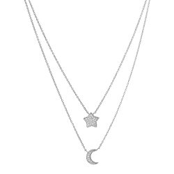Sterling Silver Cubic Zirconia Star and Crescent Charm Layered Necklace (16 inch)