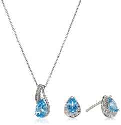 Sterling Silver Pear Blue Topaz Pendant Necklace and Earrings Diamond Box Set