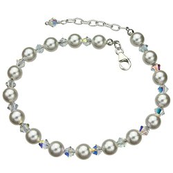 Swarovski Elements Crystals and Simulated Pearls Sterling Silver Anklet, 9″+1″ Extender