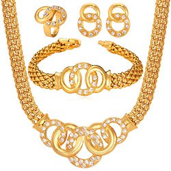 U7 Luxury Women Jewelry Set Rhinestone Gold 18k Necklace & Earrings & Bracelet & Ring