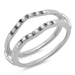 0.15 Carat (ctw) 14K White Gold Round White & Black Diamond Ladies Wedding Band Guard Double Ring