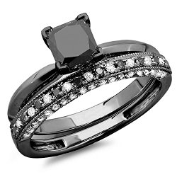 1.50 Carat (ctw) Black Rhodium Plated 14K White Gold Black & White Diamond Bridal Ring Band Set 1 1/2 CT