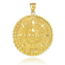 10k Yellow Gold Aztec Charm Mayan Calendar Pendant, 1.6″ Diameter