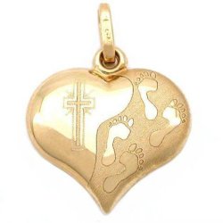 14k Gold Footprints Cross Heart Charm Religious Jewelry
