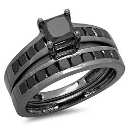2.35 Carat (ctw) Black Rhodium Plated Sterling Silver Princess Black Diamond Bridal Engagement Ring Set