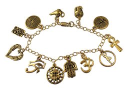 22k Gold Plated Deluxe Gold Ancient Religions Charm Bracelet-14k Gold-filled Chain- World Peace, Coexist