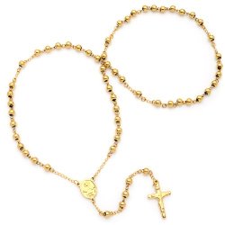 28 Inch Gold Plated Stainless Steel Rosary Beads Necklace with Crucifix Cross