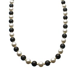8mm Black Onyx Stone Swarovski Elements Simulated Pearls Sterling Silver Necklace, 18″+2″ Extender