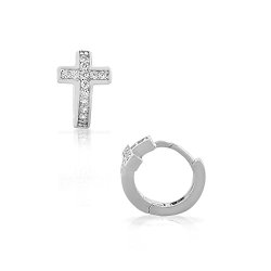 925 Sterling Silver White CZ Cross Religious Hoop Huggie Womens Girls Small Earrings