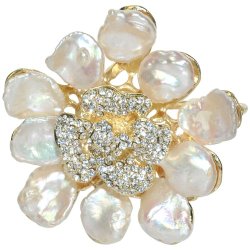 Abstract Cultured Pearl Flower Petal Crystal Pistil Gold-Tone Brooch Pin Pendant