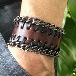 Antique Men’s Brown Leather with Metal Chains Cuff Bracelet, Leather Wrist Band Wristband Handcrafted Jewelry SL2499