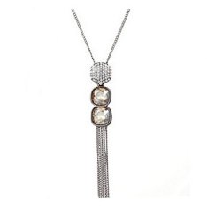 Austrian crystal elements gold plated round cubic zirconia long tessel silver tone Y necklace -NGG085