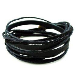 Black Leather Wristband cuff bracelet, friendship gift, black ropes bracelet, women wrap bracelet, men wrap bracelet SL2337