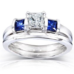 Blue Sapphire and Diamond Bridal Ring Set 7/8 Carat (ctw) In 14k White Gold