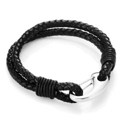 Braided Black Genuine Leather Bracelet with Locking Stainless Steel Clasp, Color Black Silver, Length 8″