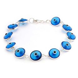 Christmas Gifts Sterling Silver Translucent Blue Evil Eye Bead Bracelet 7 Inch