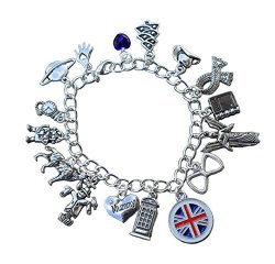 Doctor Who Silver Plated Charm Bracelet: Tardis, Angel, Wolf, British Flag, Scarecrow, Bow Tie, Cyberman