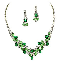 Elegant Emerald Green W Lime Green Accents V-Shaped Garland Bridesmaid Evening Necklace Set Gold Tone K6