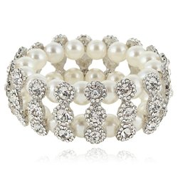 EVER FAITH 2 Layer Bridal Flower Cream Simulated Pearl Stretch Bracelet Clear Austrian Crystal