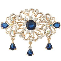EVER FAITH Gold-Tone Austrian Crystal Zircon Art Deco Flower Tear Drop Brooch Sapphire-Color