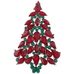 EVER FAITH Party Christmas Tree Teardrop Red Green Austrian Crystal Brooch Pin Silver-Tone