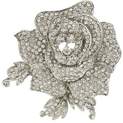 EVER FAITH Silver-Tone Austrian Crystal Blooming Rose Flower Leaf Brooch Clear