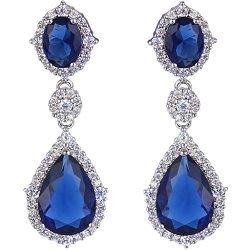 EVER FAITH Silver-Tone Full Cubic Zirconia Flower Tear Drop Pierced Dangle Earrings Blue Sapphire-color