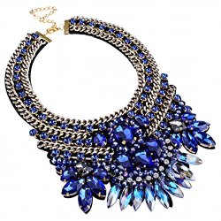 Fashion Gold Tone Chain Blue Glass Crystal Charm Chunky Choker Statement Bib Necklace