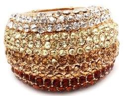 Glamorous Dome Shaped Cocktail Fashion Statement Ring Covered in Light/Smoked Brown Tan and Clear Crystals with Stretch Band
