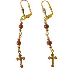 Gold Overlay and Jasper Chandelier Earrings with Dangling Cross