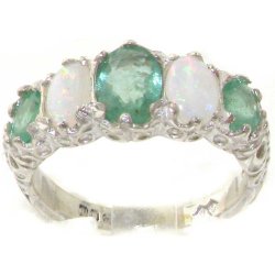 High Quality Solid 925 Sterling Silver Genuine Natural Emerald & Opal Womens Band Ring – Finger Sizes 4 to 12 Available