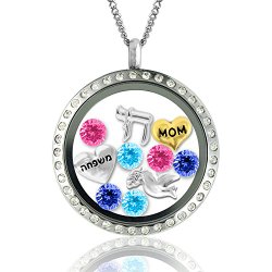 Jewish Good Luck Charm Necklaces – Floating Charms Locket – Magnetic Pendant Necklace, Includes 9 Charms