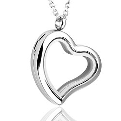 JOVIVI® 30mm Floating Charm Memory Heart Shape Locket Necklace – 316 Surgical Stainless Steel with Glass Circle Magnetic
