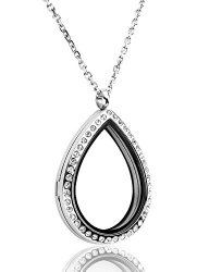 JOVIVI® TearDrop Floating Charm Memory Locket Necklace – 316 Surgical Stainless Steel with Clear Crystals