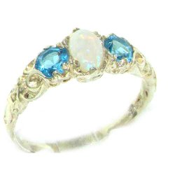 Ladies Solid Sterling Silver Natural Opal & Blue Topaz English Victorian Trilogy Ring – Finger Sizes 5 to 12 Available