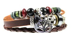 Lotus Flower Dangle Charm Beaded Leather Zen Bracelet Is Adjustable 5.5 to 7.5 Inches, in Gift Box