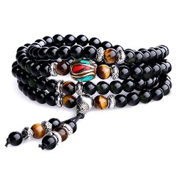 Multilayer Tiger Eye and Obsidian Malas Prayer Beads Bracelet