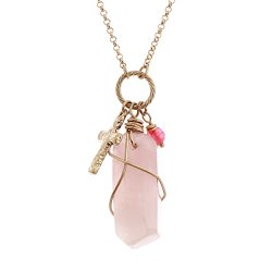 Necklace Long Chain with Pendant Stunning Rose Quartz Pendant Cross Gold Tone and Rose Colored