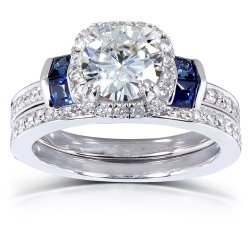 Round-cut Moissanite Diamond & Blue Sapphire Wedding Ring Set 1 3/4 Carat (ctw) in 14k White Gold